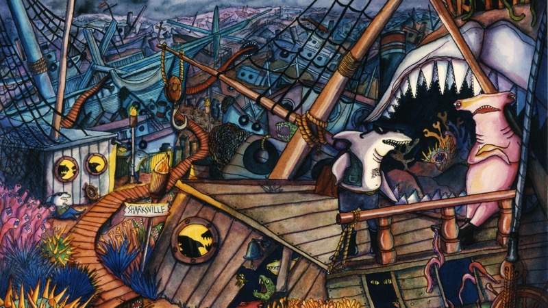 Painted concept art of Sharksville: shark characters on the deck of a wrecked ship in a seabed town built from sunken hulls.