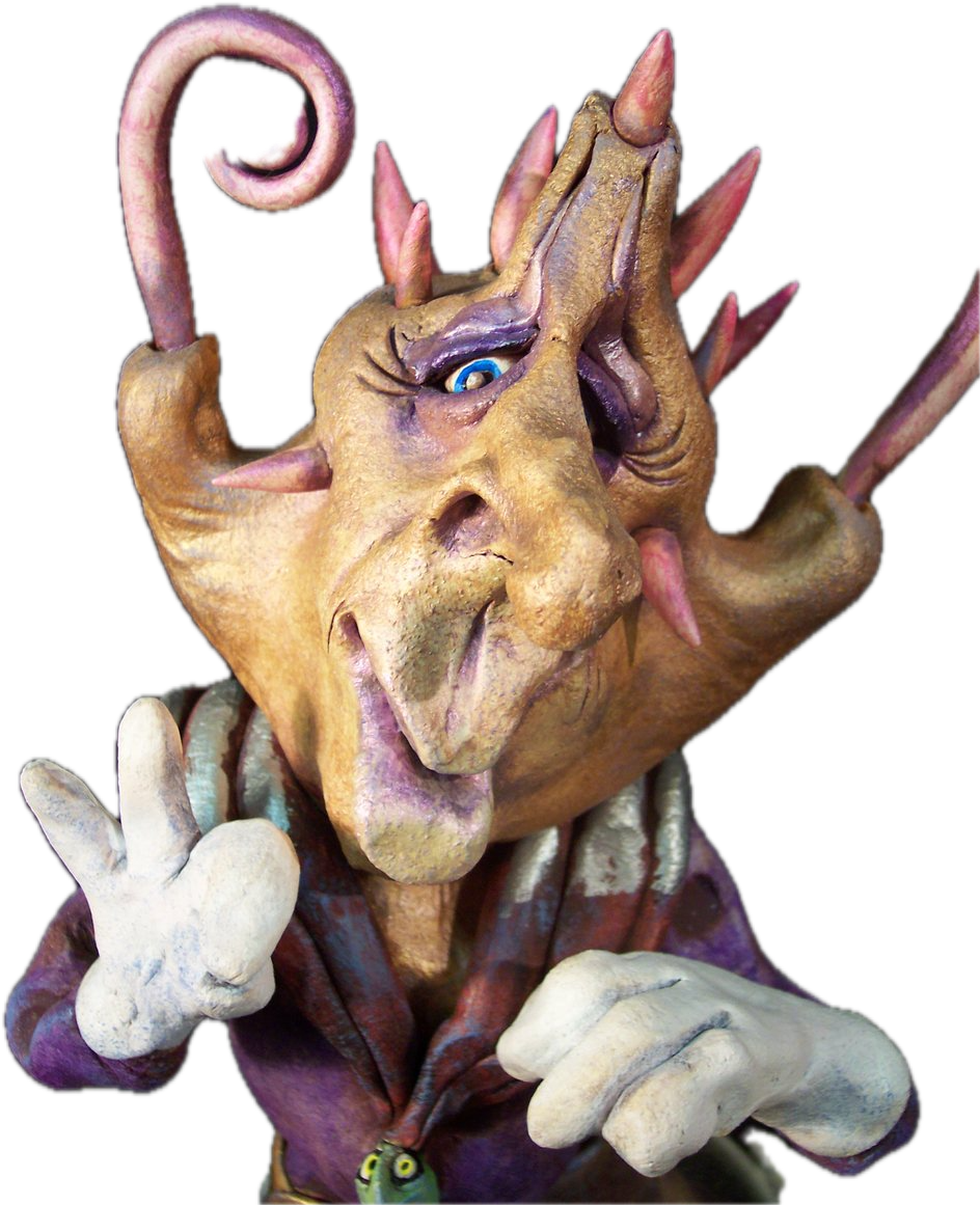The Zeeno sculpture from the TW3 character library, spiral horns and a raised gloved hand.