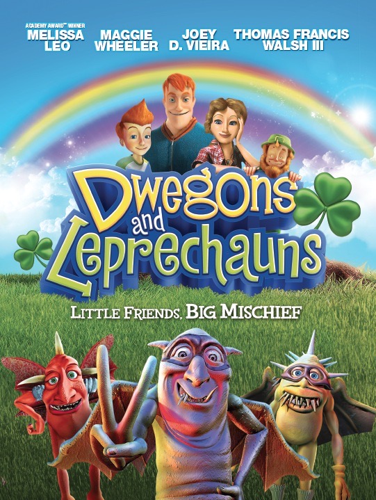 Poster for the animated feature Dwegons and Leprechauns, its characters gathered under a rainbow.