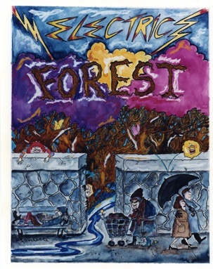 Hand-painted one sheet for Electric Forest: lightning over a Central Park stone bridge, gnarled trees and figures with umbrellas below.