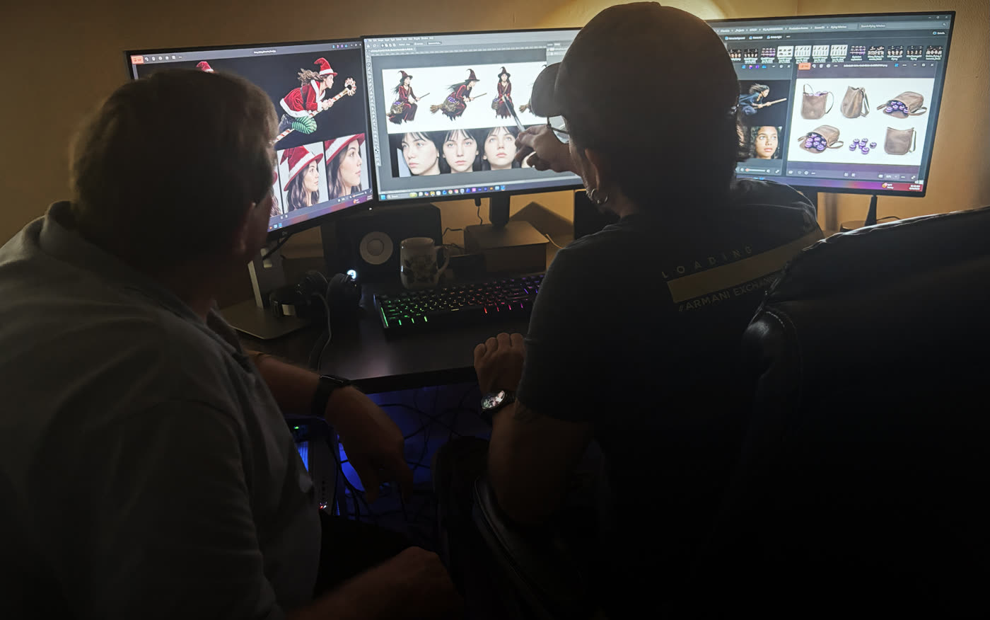 Tom Walsh and Mauricio Aguilera at a two-screen workstation, character passes and face variations open across both monitors.