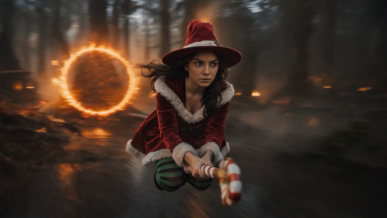 Merry flies through the forest on a candy-cane broom.