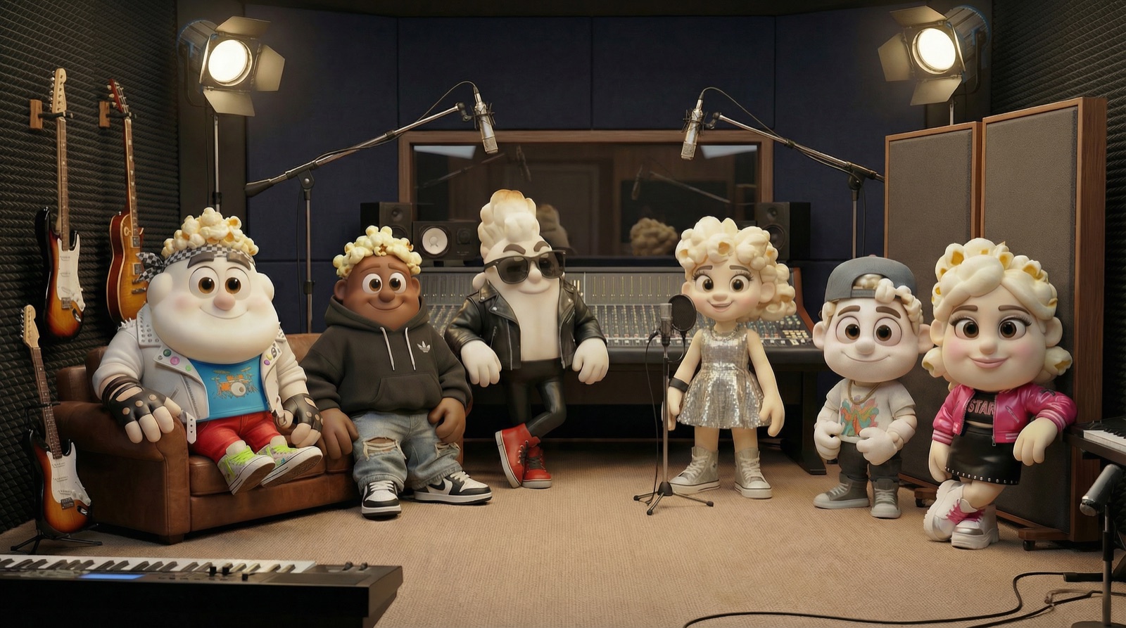 The Kernies pose in a recording studio — guitars on the wall, a mixing desk and boom mics — one at the vocal mic in a silver dress, others on the couch and leaning at the console.