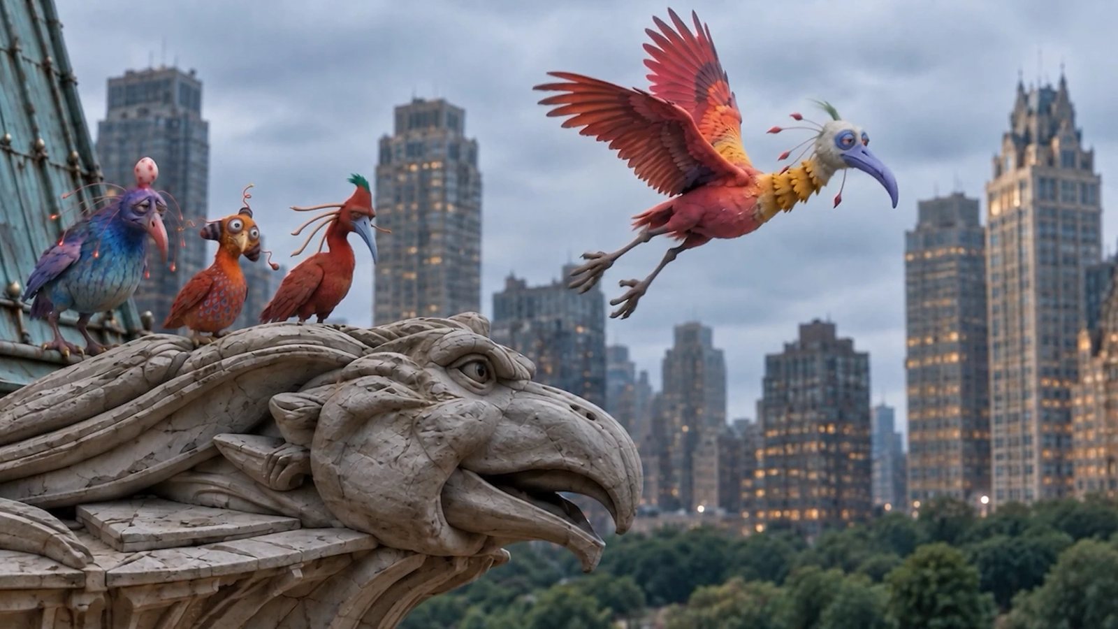 Long-beaked birds perch on a stone gargoyle while another takes flight above a city skyline.