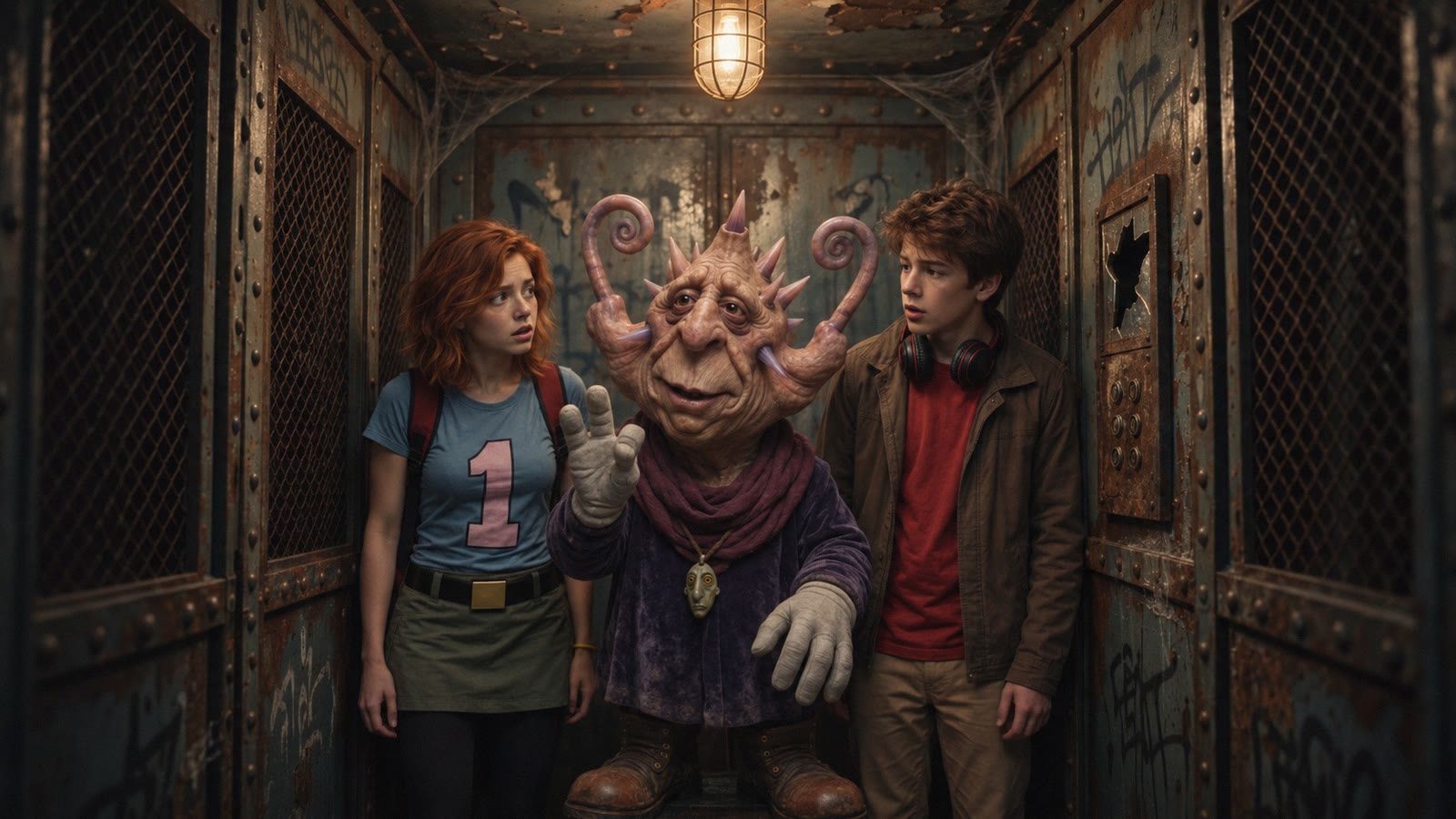 Two teenagers share a rusted, graffiti-covered elevator with Zeeno, a spiral-horned creature in a velvet robe, beneath a caged work light.