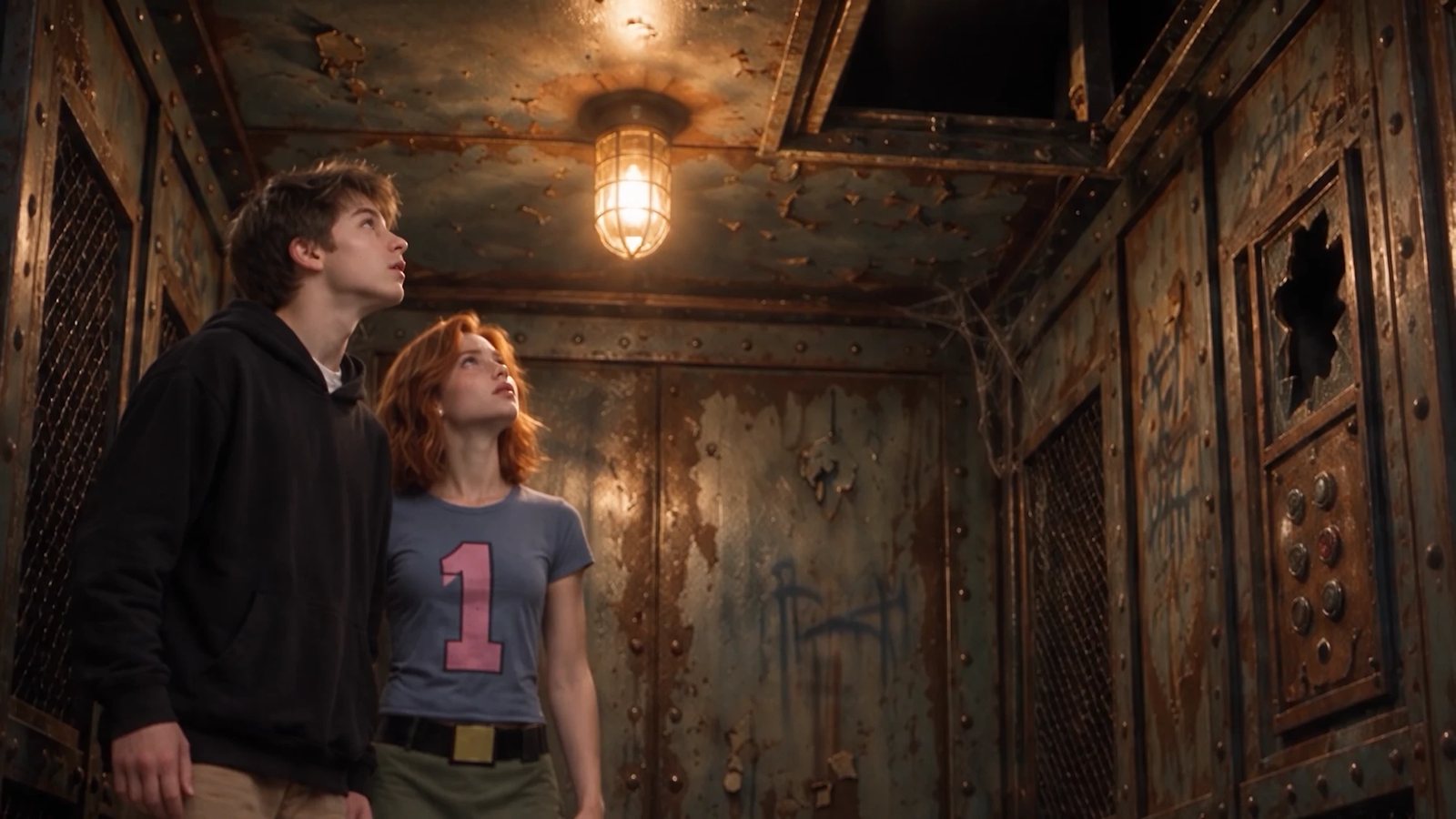 Two teenagers look up at the light in a rusted elevator.