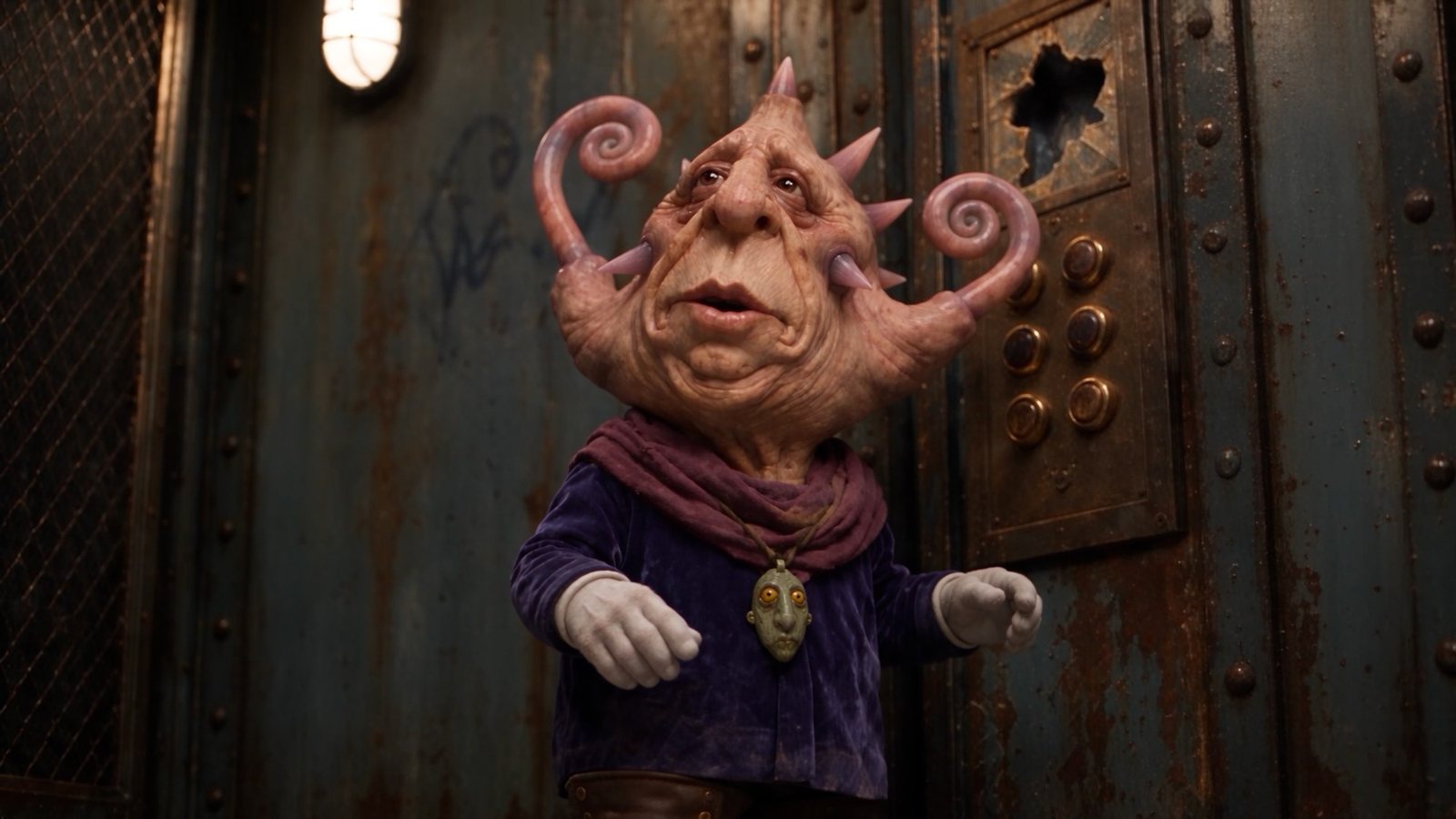 Zeeno, a sculpted character with spiral horns, stands in a rusted elevator in Losopolis.