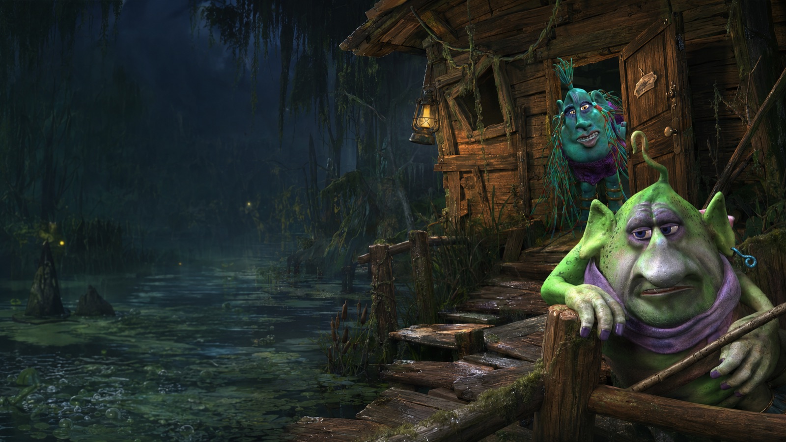 A green swamp-dweller leans on the rail of a stilted bayou shack at night, a lantern burning beside the door and a teal-haired neighbor watching from inside.