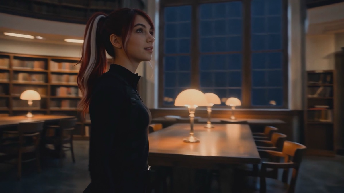 Merry stands in a lamplit library at night, looking up past the tall windows.