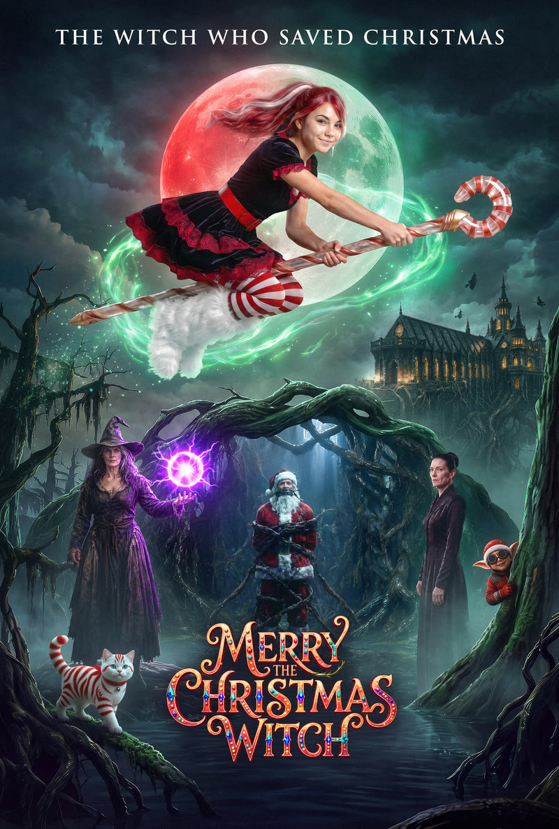 Poster for Merry The Christmas Witch, tagline &lsquo;The witch who saved Christmas&rsquo;. Merry flies her candy-cane broom past a split red and green moon above the swamp, the coven and a bound Santa below her, her striped cat in the foreground.