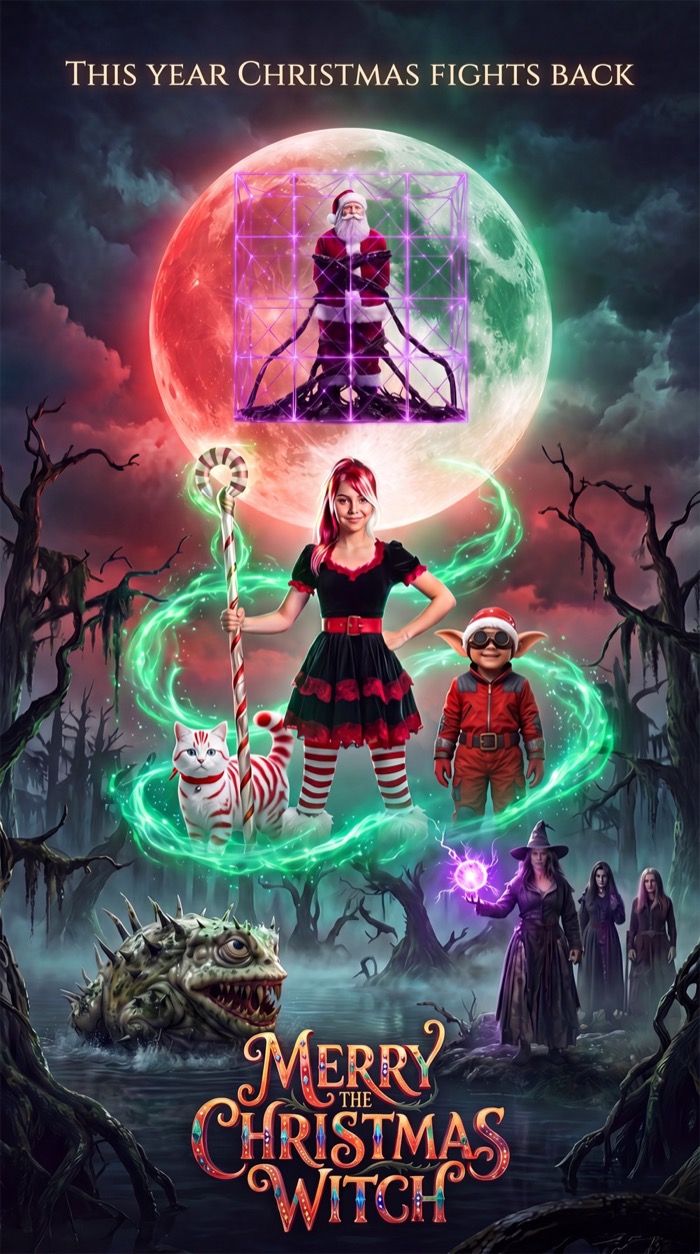 Poster for Merry The Christmas Witch, tagline &lsquo;This year Christmas fights back&rsquo;. Merry holds a candy-cane staff between her striped cat and a goggled elf, Santa caged in the moon above them, witches watching from the swamp below.