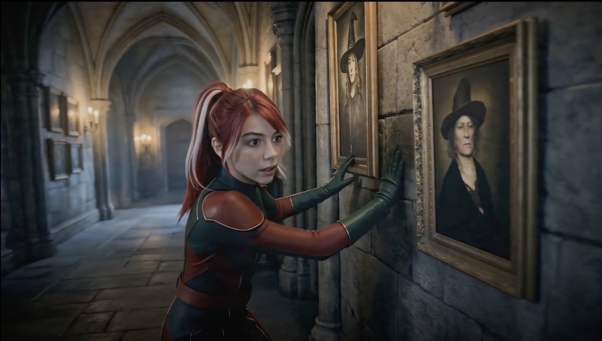 Merry presses her hands to a wall of framed witch portraits in a stone corridor.