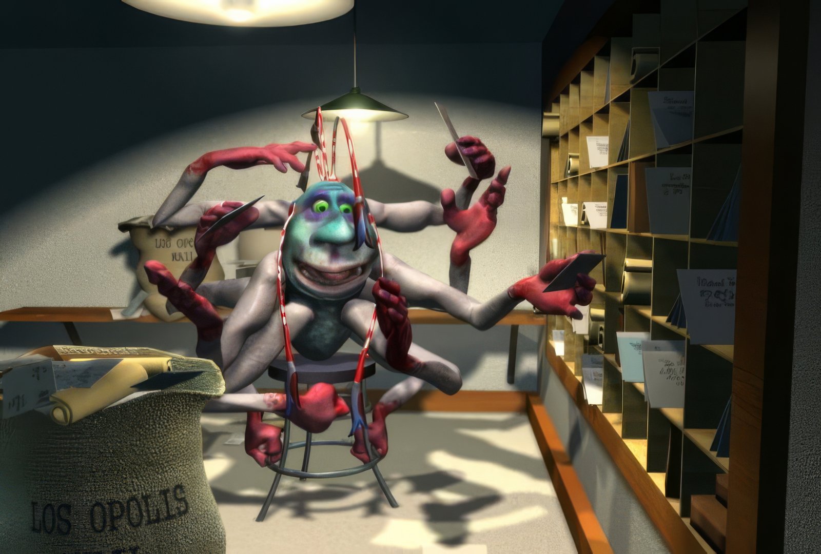 The original design of SnoopyDee, a many-armed creature sorting letters in a mail room.