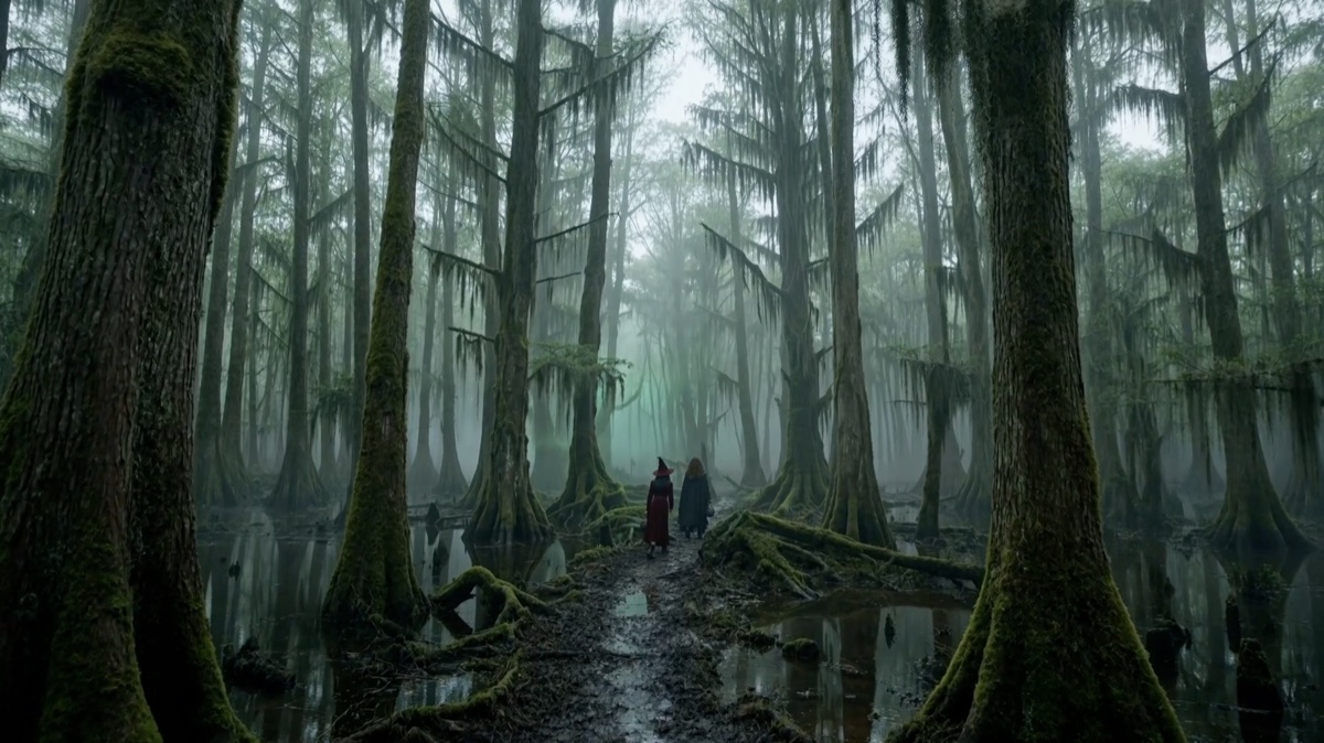 Two small figures walk away down a muddy path through a misty cypress bayou, moss-draped trunks reflected in black standing water.