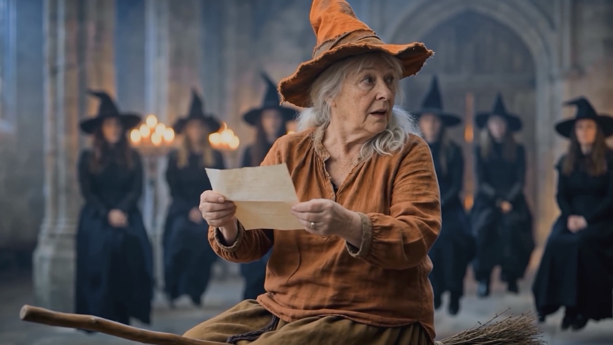 An elder witch hovers on a broom reading a letter, a hall of seated witches behind her.
