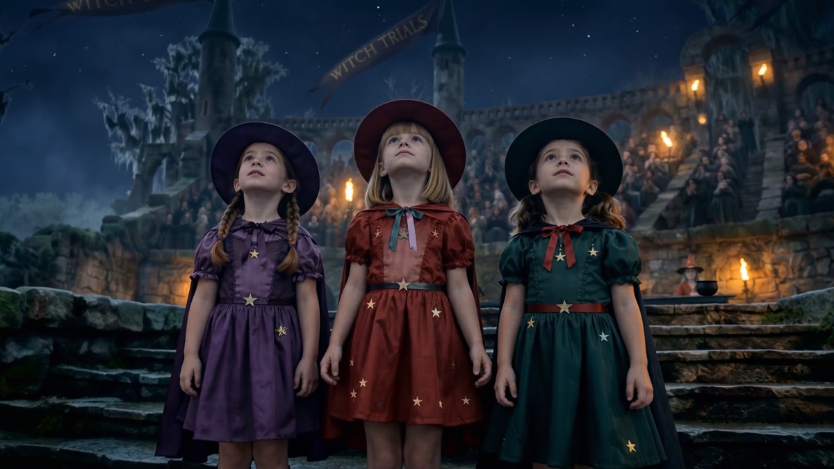 Three small witches in pointed hats stand together in a torchlit stone courtyard, looking upward.
