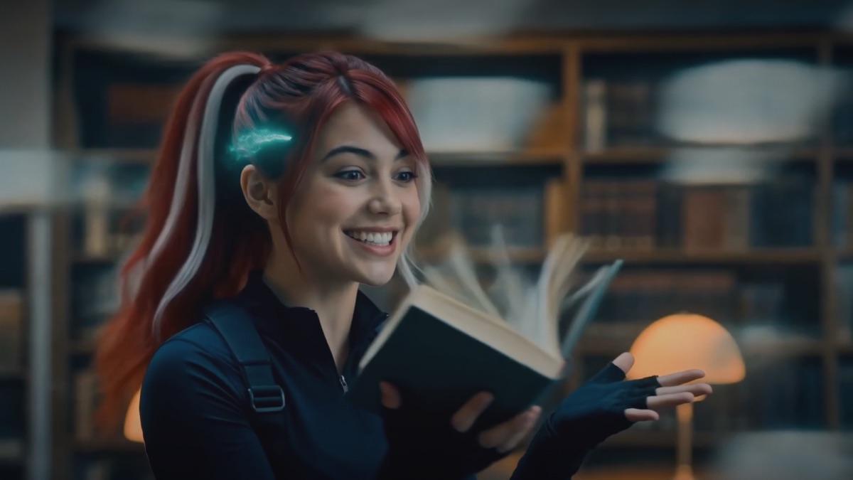 Books fly open around a young witch in a lamplit library as she reads, teal magic glowing at her ear.