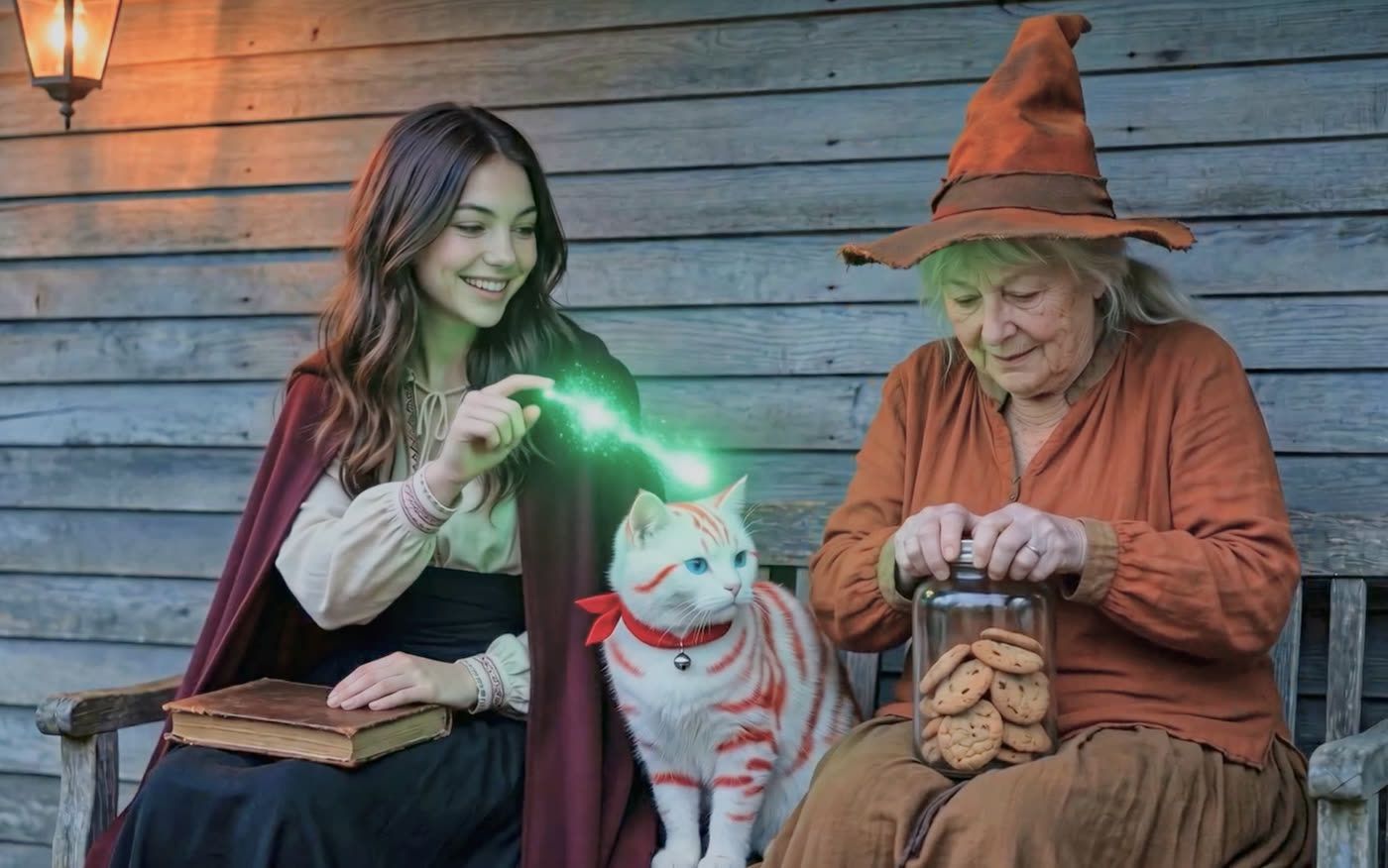 Merry casts a green spell over a white cat while an older witch looks on with a jar of cookies.