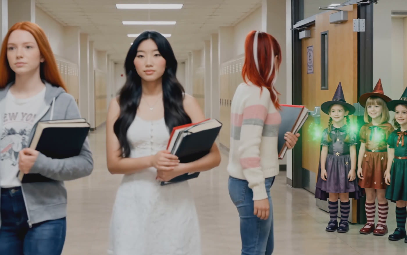 Merry walks a school hallway carrying books as three small witches watch from beside the lockers.