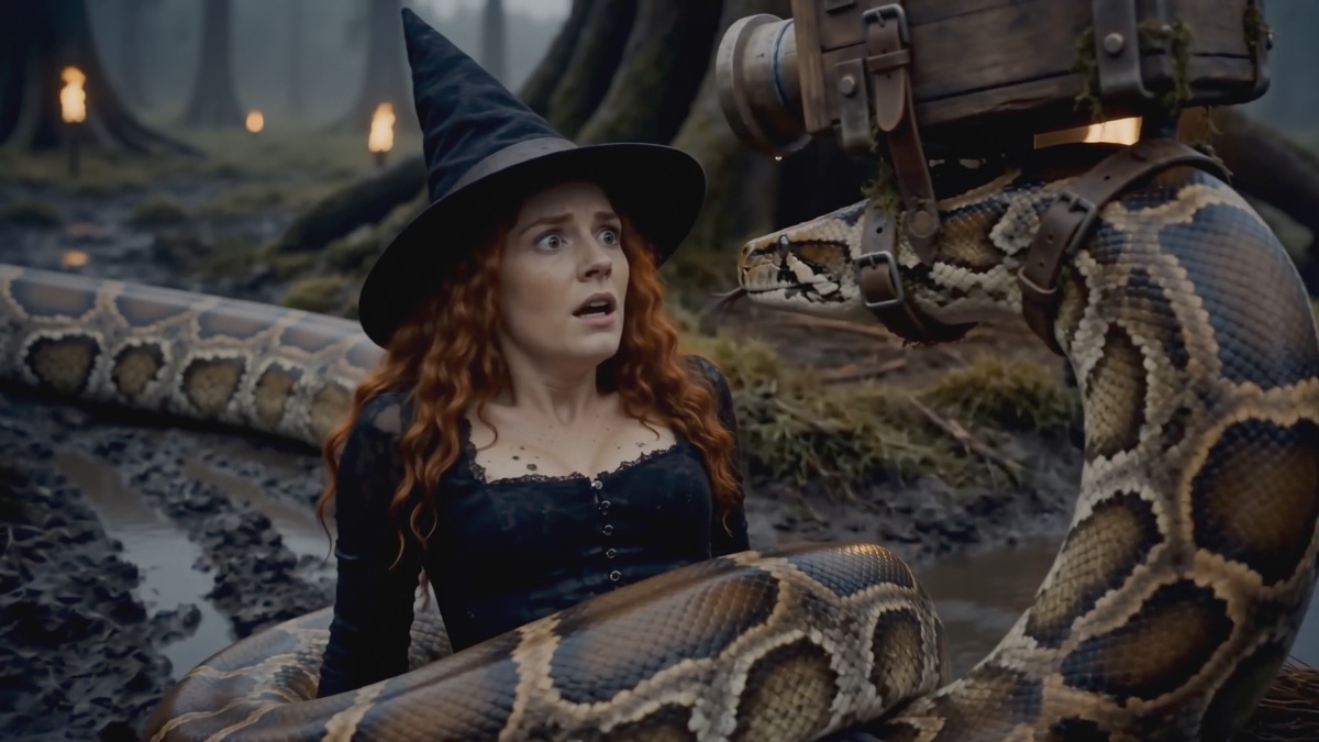 A red haired witch stares up at an enormous serpent coiled around a ruined stone wall.