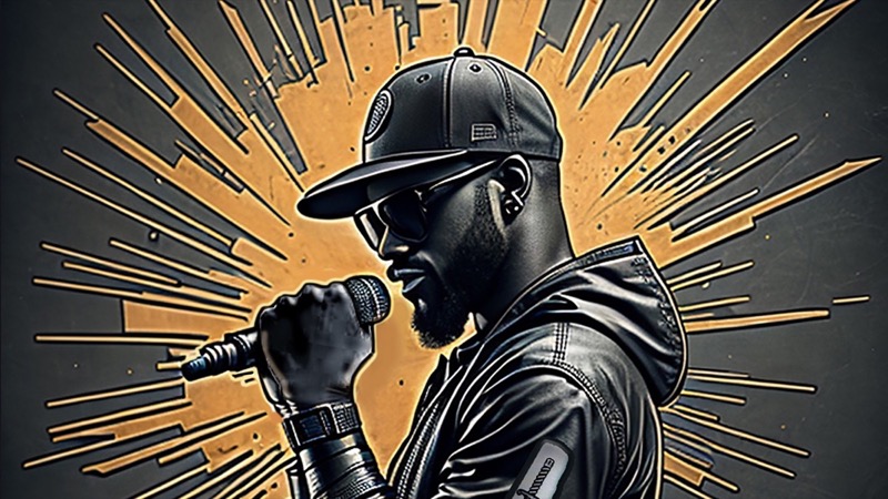 A rapper in a flat-brim cap and leather hood sings into a microphone, a gold sunburst and city skyline blazing behind him.