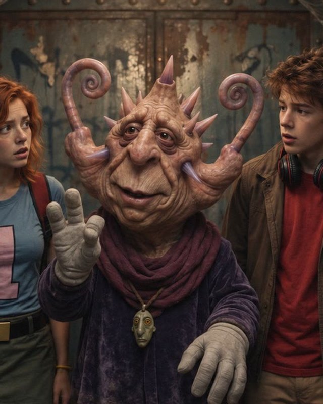 Zeeno on screen in Losopolis, between two teenagers in a rusted elevator.